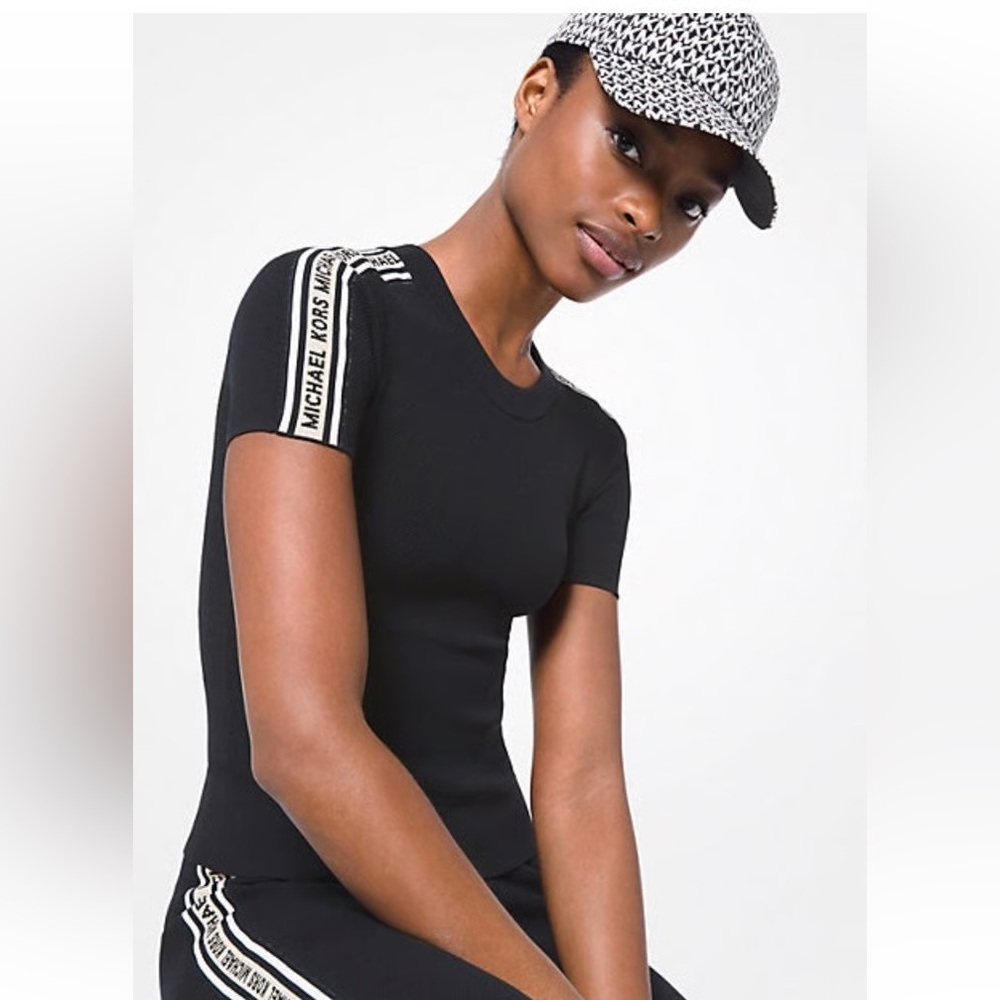 Michael Kors Black Short Sleeve Top with Logo Tape